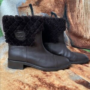 CHANEL Women's Brown Leather Fur-Trimmed Boots